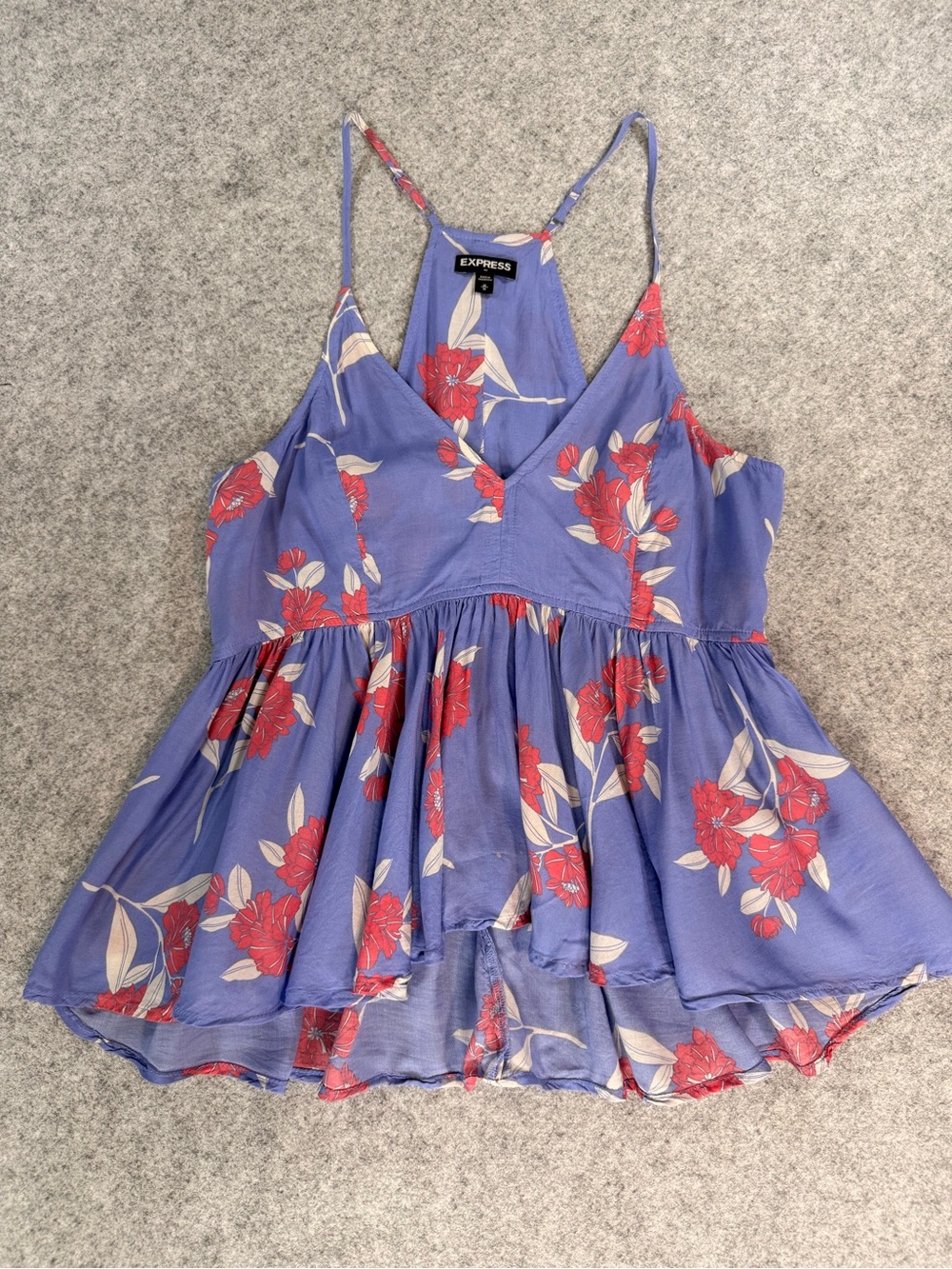 Express Purple Floral Babydoll Tank Top Medium Sleeveless Racerback Peplum - Picture 2 of 8